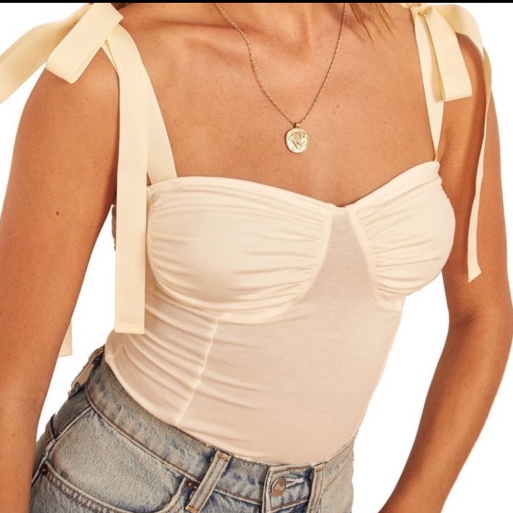 Reformation Marsala Bodysuit Shoulder Tie Ribbon in Ivory XL Organic Cotton